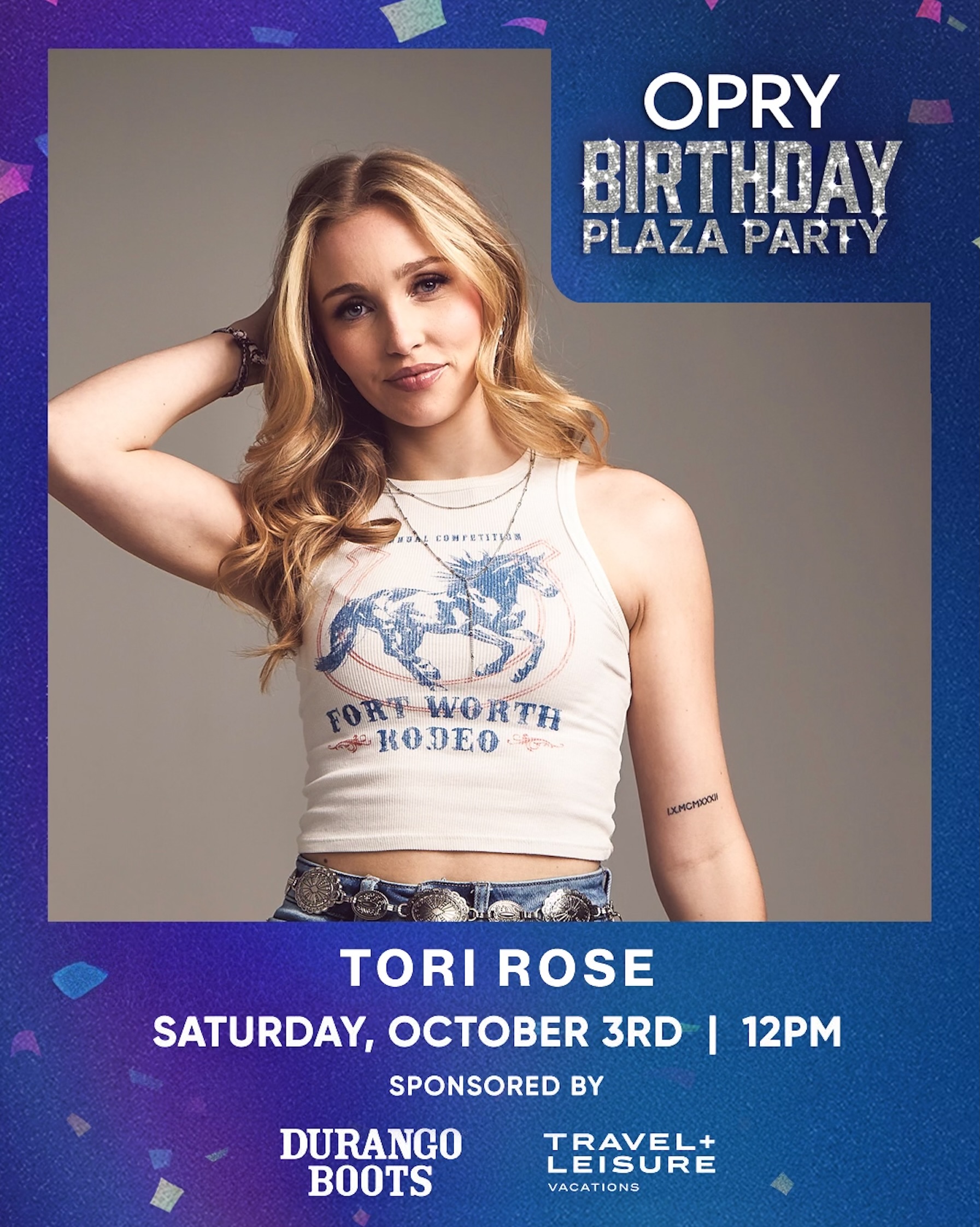 @tori.rose.music will join the kickoff of the @opry Birthday Weekend festivities with a performance at the Opry Plaza Party on Saturday, October 3 from 12:00 to 1:00 p.m! The free event, sponsored by Durango Boots and Travel + Leisure, will lead into the Opry Birthday Tailgate Party featuring Rhett Akins and performances at the Grand Ole Opry that evening. #adkinsentertainment